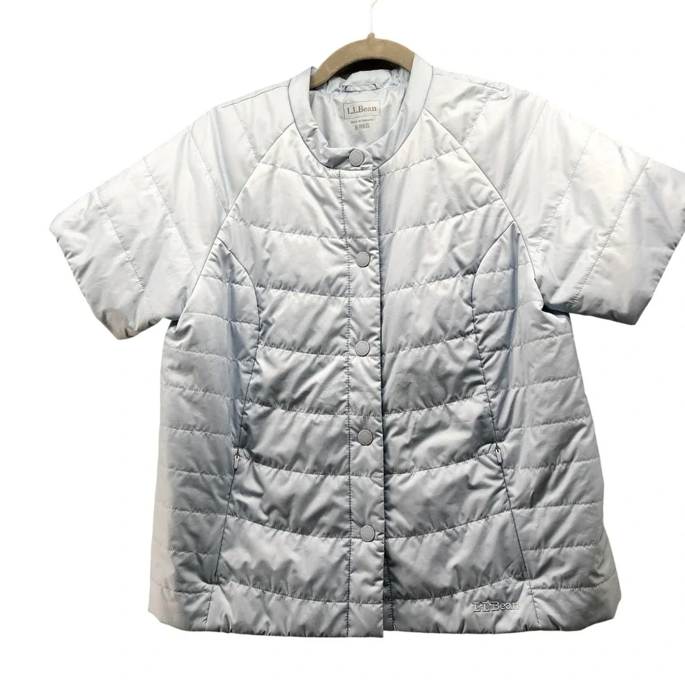 L.L. Bean Collarless Short Sleeve Puffer Jacket Womens S Light Blue Snap Button